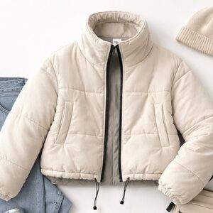 Polly Corduroy Puffer Jacket Cropped Neutral Minimal Cozy Gorpcore Women 10 A98